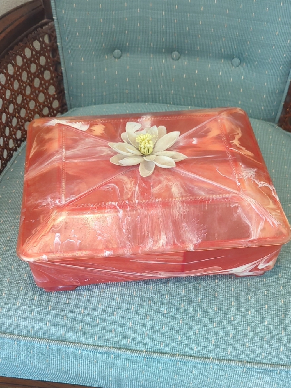 Vintage Plastic Marbled Coral Sewing/Makeup Storage Box